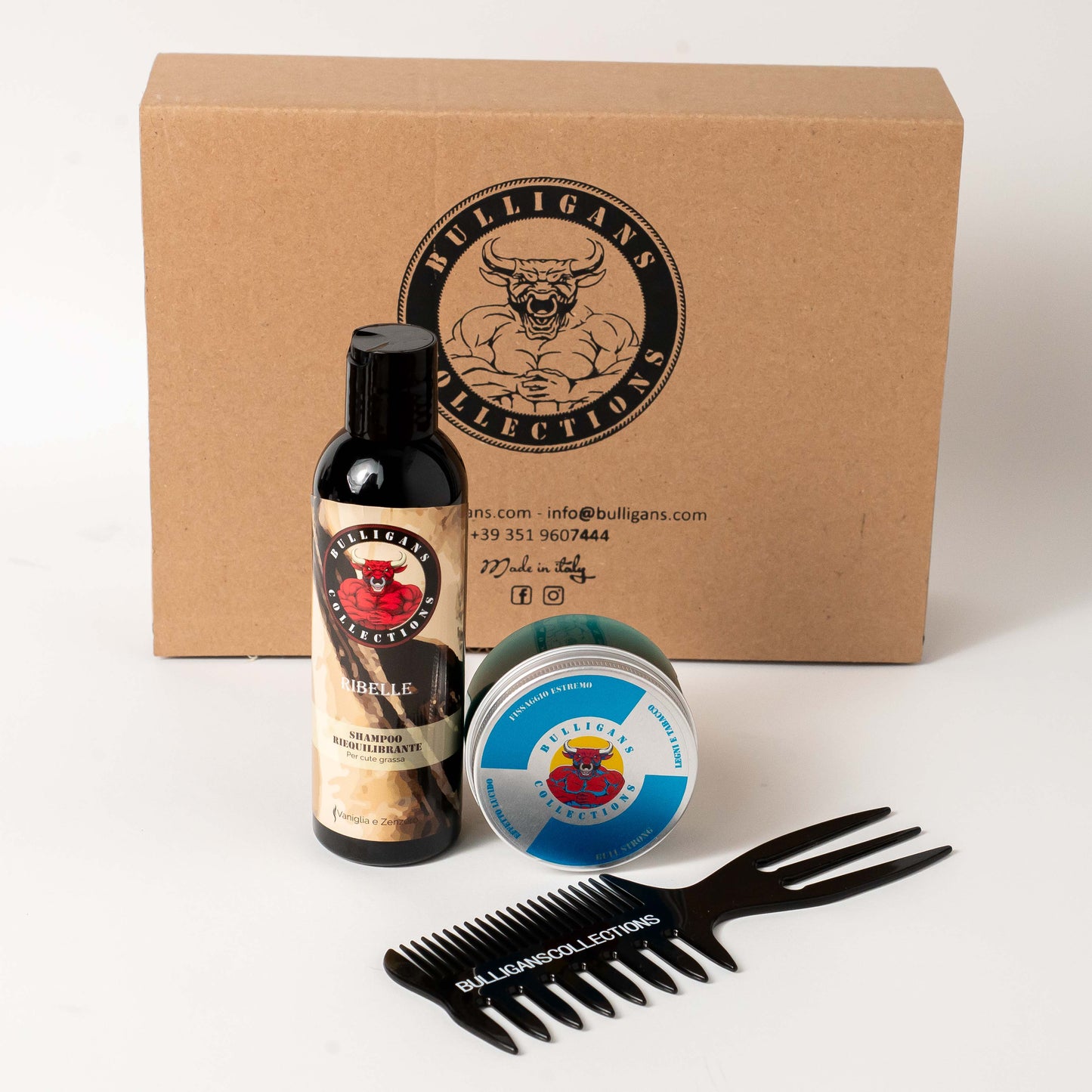 Box Eccellenza per Capelli - Shampoo, Cera Grande e Pettine | Bulligans