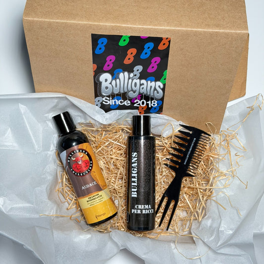 Box Curly Effetto Bagnato: crema ricci + shampoo cheratina + pettine | Bulligans 